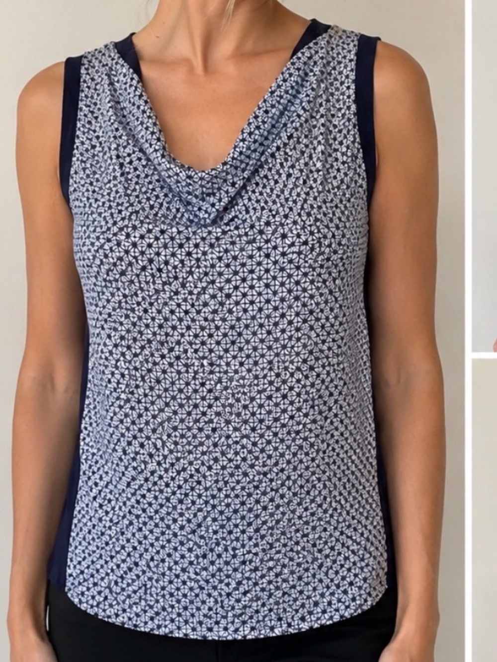 Halogen Navy and White Printed Cowl-Neck Tank